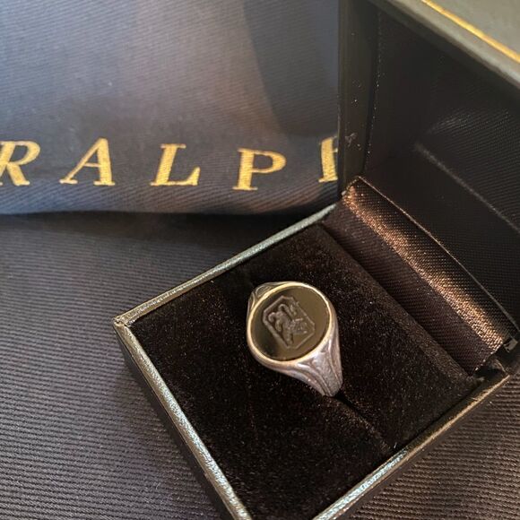 Ralph Lauren 925 Sterling Silver Onyx Lion Intaglio Signet Ring - Picture 2 of 16